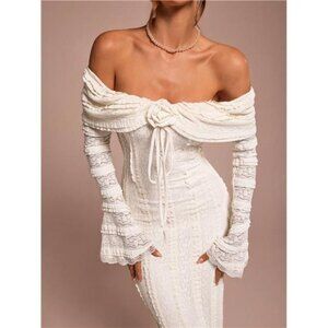 NEW - Elegant White Dress Off-Shoulder Long-Sleeved with 3D Floral Decor